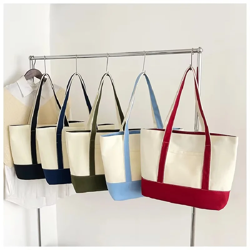 Customizable Name Canvas Shoulder Bag Add Name Color Block Front Pocket Large Women Beach Daily Shopping Reusable Casual Tote