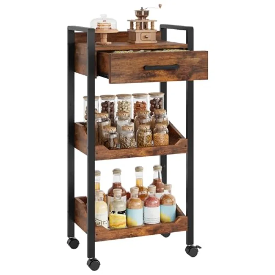 

3-Tier Rolling Storage Cart with Drawer Rolling Utility Cart Organizer Mobile Shelving Unit with Wheels Metal Frame Kitchen Uti