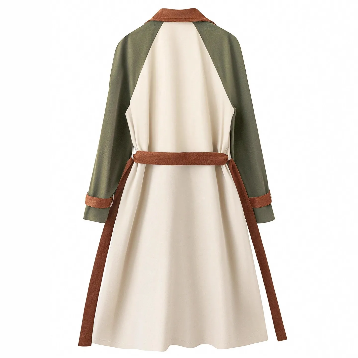 Women Trench Coat Notched Lapel Long Sleeve Double Breasted Trench Belted Waist Raincoat Olive Green Accent Waterproof Coat view 2