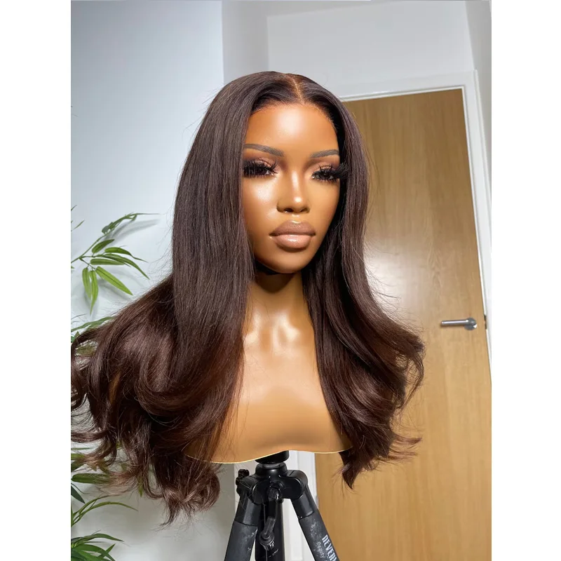 Glueless Soft Brown Straight 28'' 5x5 Silk Base Jewish Human Hair Wig Baby Hair HD Lace European Hair Preplucked Daily Wig