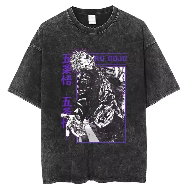 Retro Anime Jujutsu Kaisen Printed Washed T-shirt Men's And Women's Cotton T Shirt Streetwear Summer Short Sleeved Men Clothing