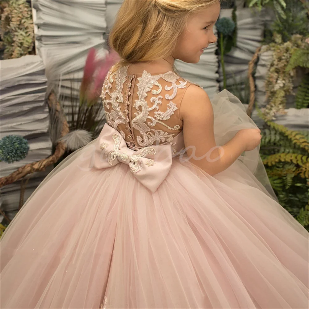 

Flower Girls Dresses For Wedding See Thro Beaded Puffy Little Girls Pageant Dress Toddler First Communion Gowns