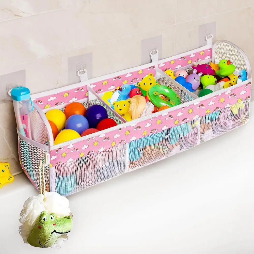 

Large Openings Bathroom Toy Storage Bag 3 Compartment Breathable Bath Toy Organizer Quickly Dry Easy Sorting Mesh Toy Hammocks