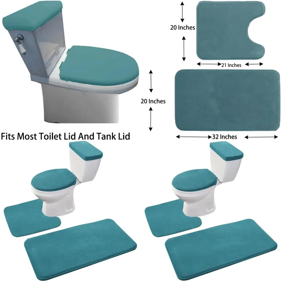 

4Piece Memory Foam Bathroom Mat Set with Toilet Lid Cover and Tank Covers in Teal Blue for Enhanced Comfort and Style in Modern