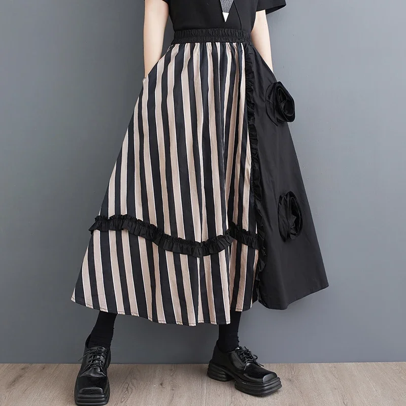 

Striped Patchwork Floral Skirt Women Black Vintage High Waist Korean Fashion Loose Casual Long Skirts Clothes New Summer 2024