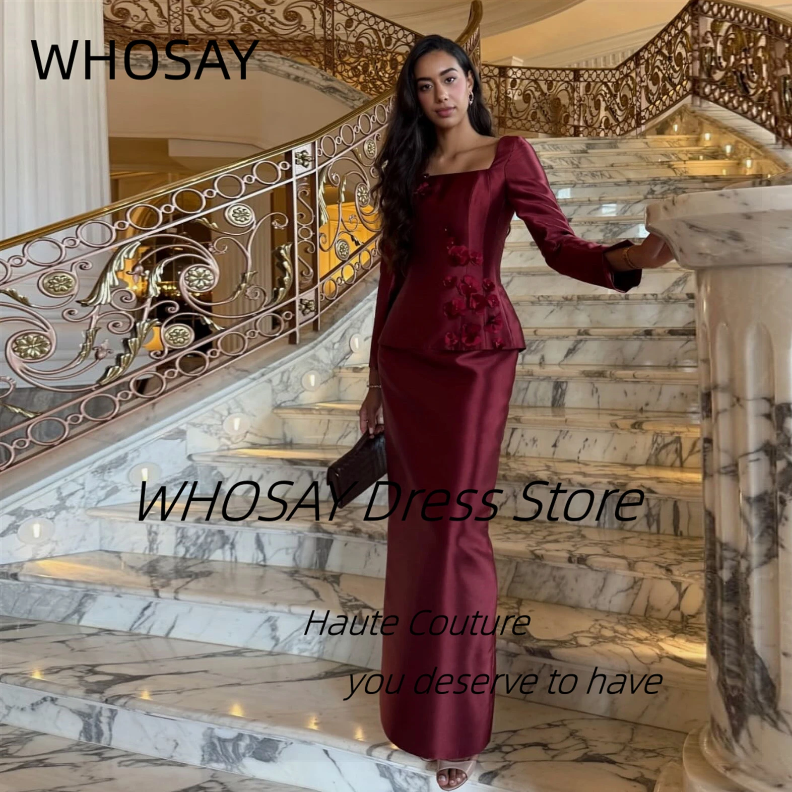 

WHOSAY Вечерние платья с квадратным вырезом и 3D-цветами, платье для выпускного вечера с длинными рукавами, платье-футляр для дня рождения, женские платья Vestidos De Fiesta по индивидуальному заказу