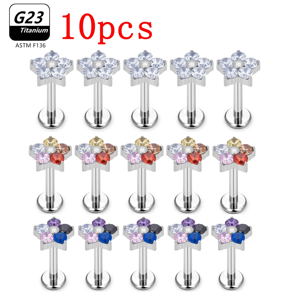 1Pc 10Pcs 16G G23 Titanium CZ Flower Lip Labret Bar Ear Helix Tragus Rook Barbells Stud Piercing  Body Jewelry Cartilage Earring