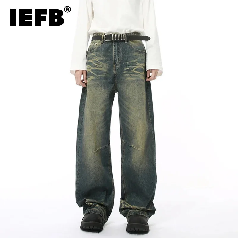 IEFB Vintage Worn-out Male Jeans Water Ripple Washing Design Solid Color Straight Loose Wide Leg Male Denim Pants Fashion 9W135