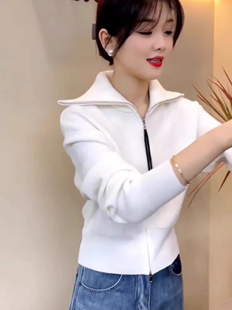 여성용 카메레 오픈 가디건 롱 슬리브 턴다운 칼라 지퍼 디자인 니트 스웨터 출퇴근용 가을 겨울 신상품...