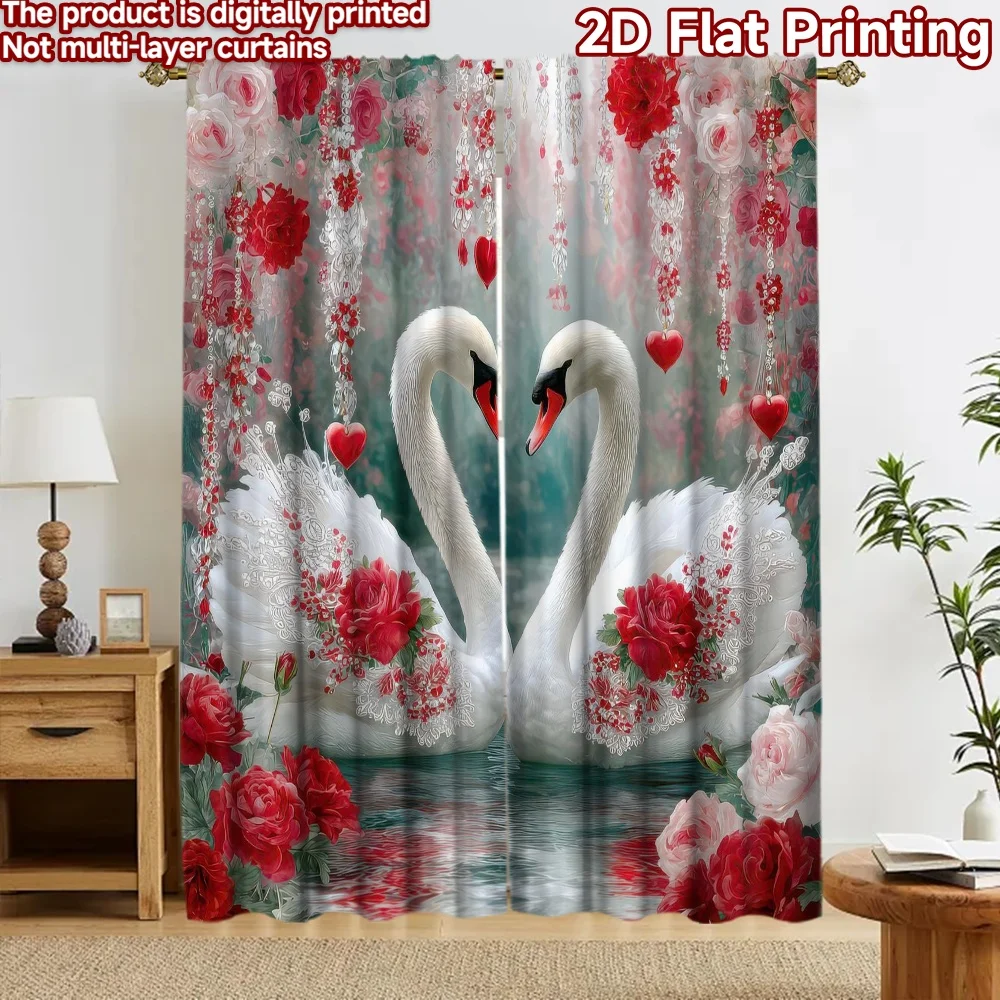 2D-Flachdruck, 2 Stück Vorhänge, Partyvorhang, Valentinstag, Schwan, Romantik, digital bedruckte Polyester-Vorhänge, ganzjährig für Partys geeignet