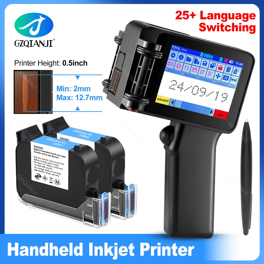 Handheld Inkjet Printer Gun Small Portable with HD LED 4.3inch Touch Screen With 0/1/2pcs Cartridge 12.7mm for QR Code Barcode