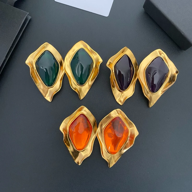 Hot Fashion Geometric Irregular Exaggerated Resin Big Ear Clip Gold Earrings Woman Top Quality Party Jewelry Trend