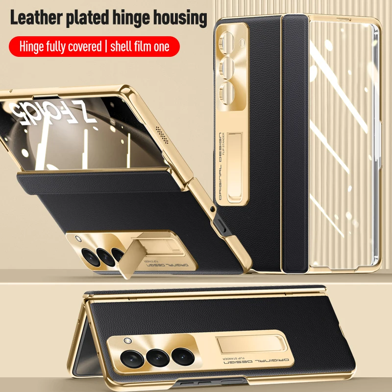 For Samsung Z Fold5 - Pioneer Series Electroplated Leather Texture Hinge Case (with Stand) Phone Protective Case.