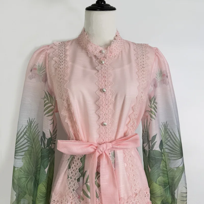 Tropische print Lace Splice Lantern Sve Holiday Dr Country Sle midden taille fluwelen stof lang Sve Thiened Dr