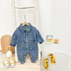 Bebê menina macacão outono recém-nascido crianças bebê meninos macacão denim bodysuit jeans urso playsuit roupas 0-24 meses fy06042