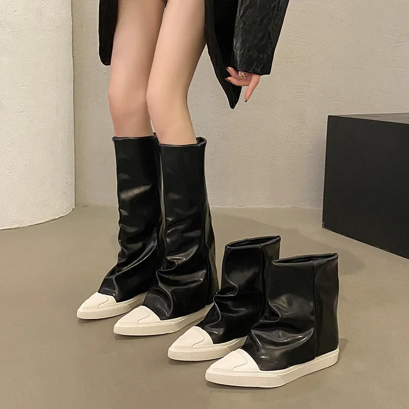 

Flats Women Ankle Boots Pointed Toe Leather Fashion Winter Shoes 2025 Trend Designer Gladiator Knee High