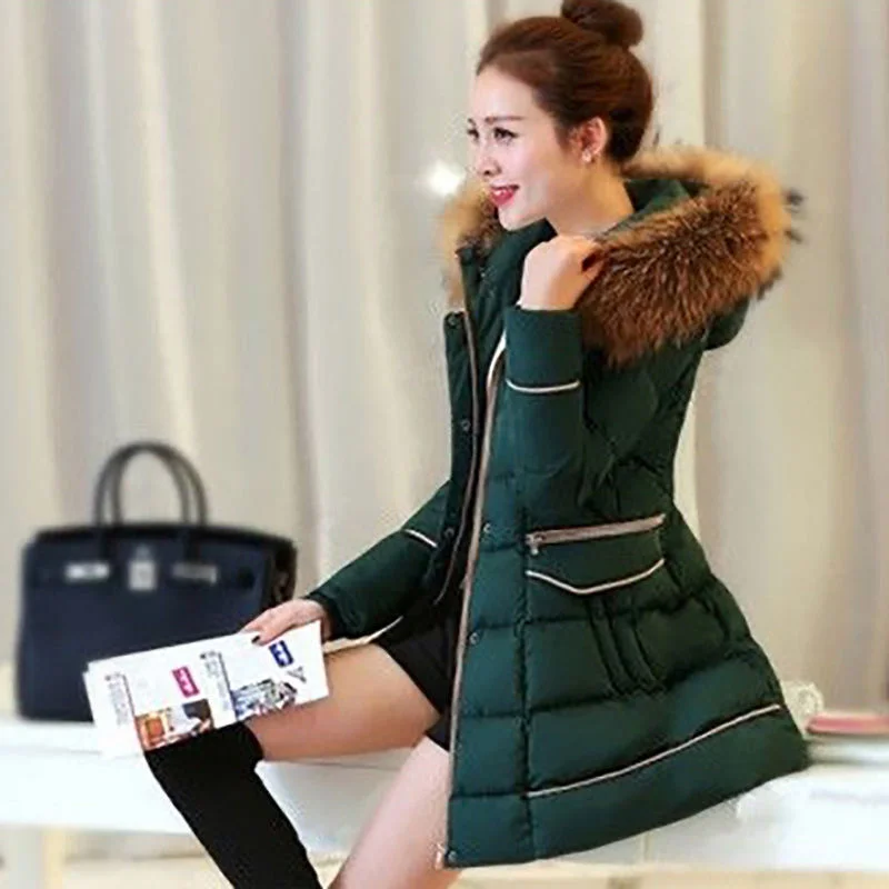 Women Hooded Korean Down Cotton Jacket Female Korean Slim Down Cotton Coat Medium-Length Imitation Raccoon Wool Collar Cardigan