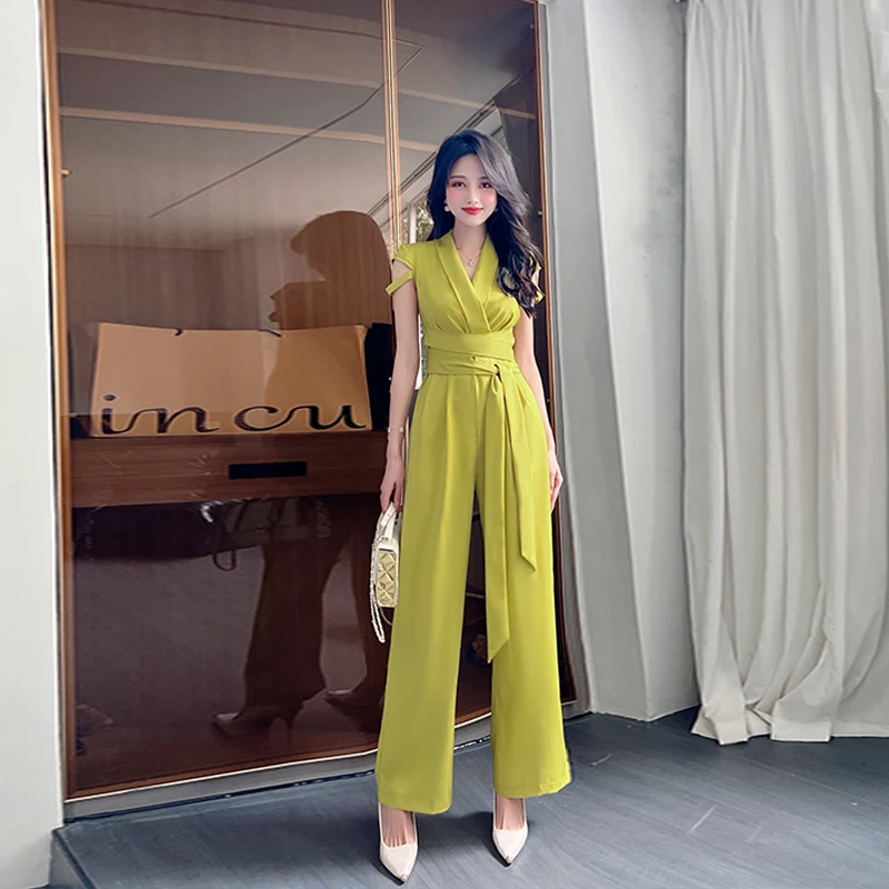2024 Summer Women Elegant Solid Short Hole Sleeves V Neck Bandage Straight Leg Casual Working Jumpsuit