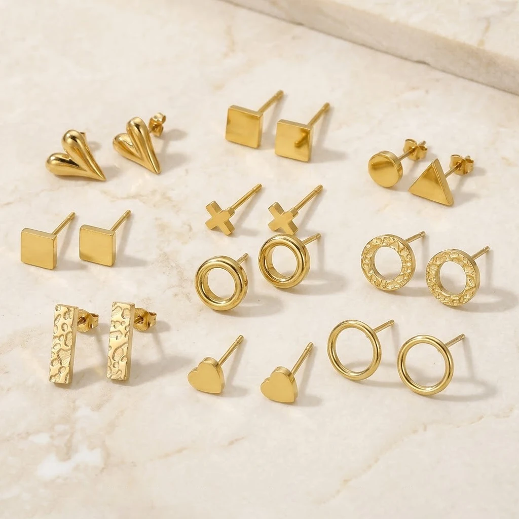 

Trendy Tiny Gold Stud Earrings for Multiple Piercings Stainless Steel Geometric Ear Studs Simple Everyday Jewelry Accessories