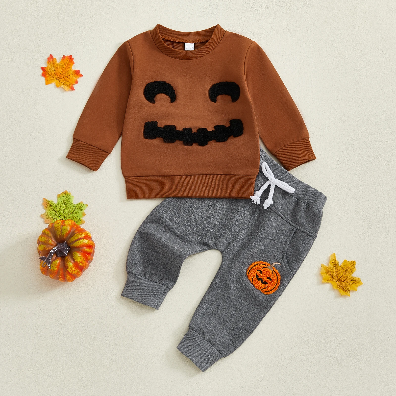 

0-3 Years Baby Boy Halloween Outfits Long Sleeve Sweatshirt + Pumpkin Embroidery Pants Set Toddler Fall Clothes