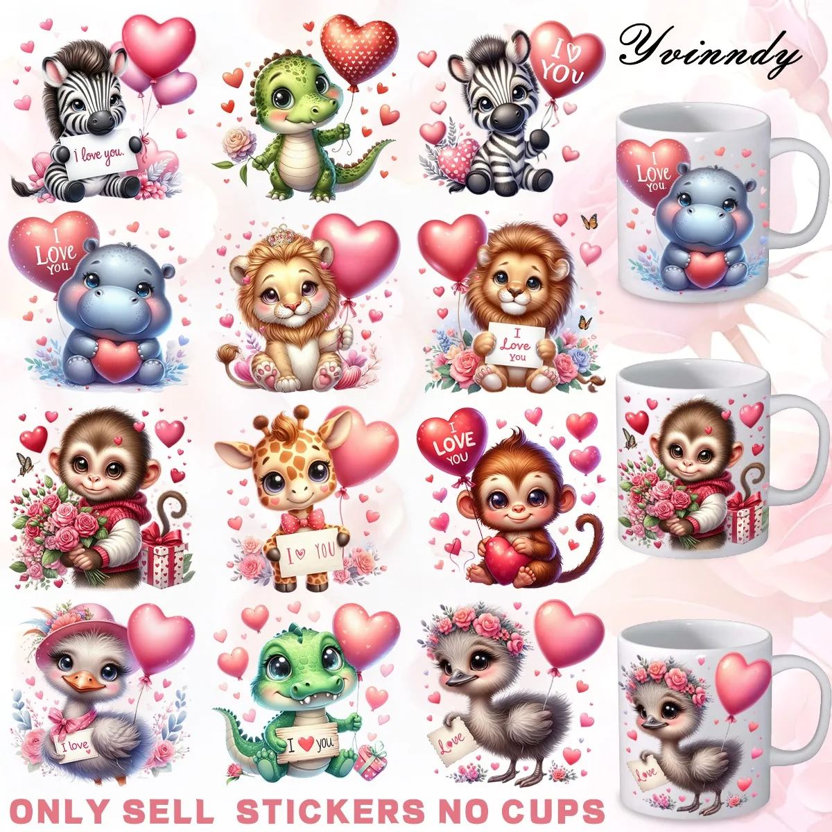 12 Stück/Set Frohes Valentinstag und Tiere DIY Glasgefäß UV DTF Hochwertiges Selbstklebendes Transferpapier