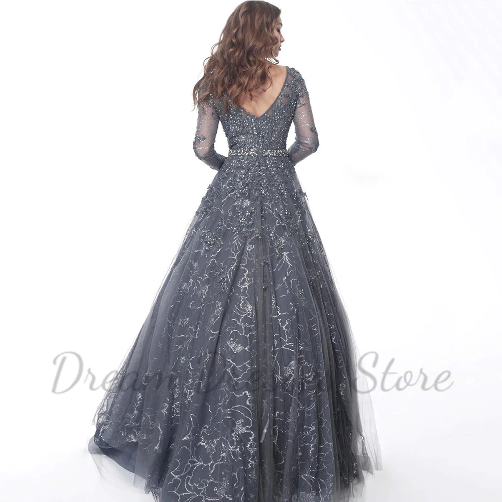 Exquisite Shiny Lace A-Line Prom Dress Scoop Neck Long Sleeves Illusion Tulle Women Floor Length with Beading Belt Party Gowns