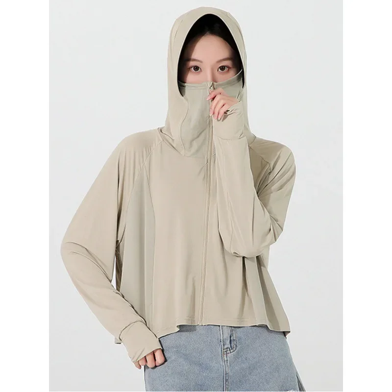 Summer UPF50 + Women Sunscreen Hoodie Long-sleeved Solid Color and Thin Jacket Breathable UV Protection Coat Ice Silk Clothing