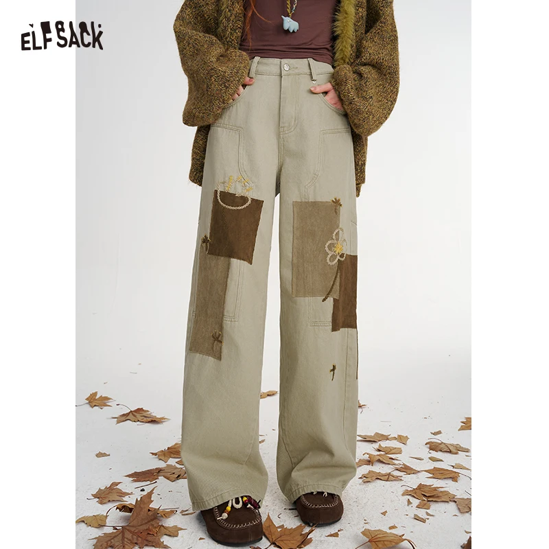 ELFSACK Women's Loose Patchwork Pants with Color Block Design, Casual Straight Trousers for Everyday, Vintage Style Bottoms
