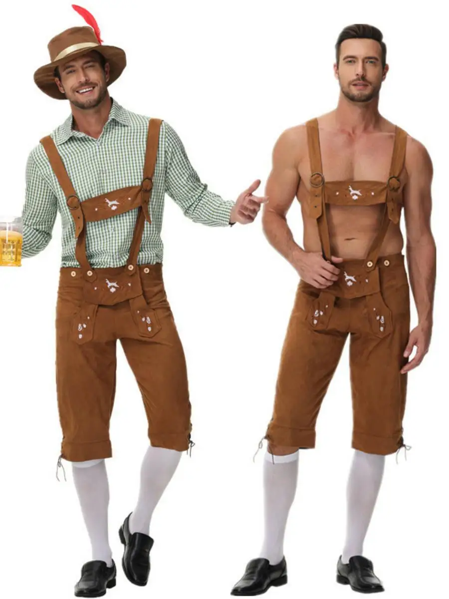 

Traditional Men's Plaid Shirt And Overalls Stage Performance Outfit Beer Festival Costume Polyester Material Summer Collection