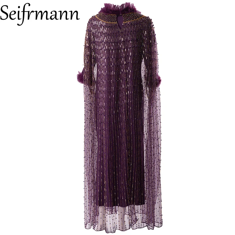 Seifrmann Spliced ​​Beaded Cape Dress Stand Collar Short Sleeve Loose Long Dress 2026 Autumn Women's New Style