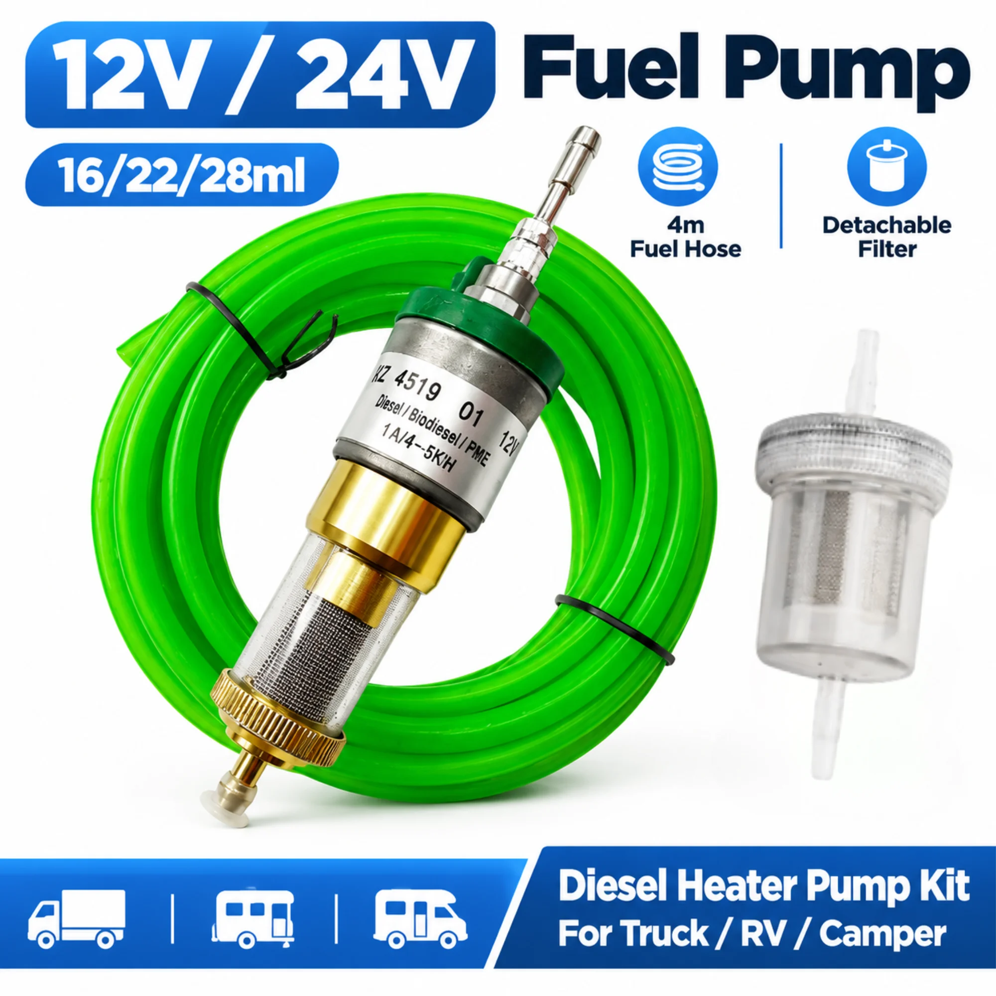 16/22/28ml 12V 24V Diesel Heater Metering Fuel Pump + 4M Fuel Line + Removable Filter for 1-5KW Eberspacher