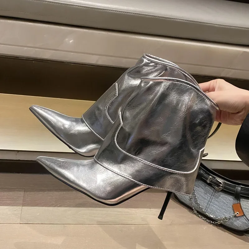 

Aneikeh серебряные блестящие женские ботильоны из лакированной кожи на тонком высоком каблуке, пикантные женские туфли для банкета и стриптиза с острым носком