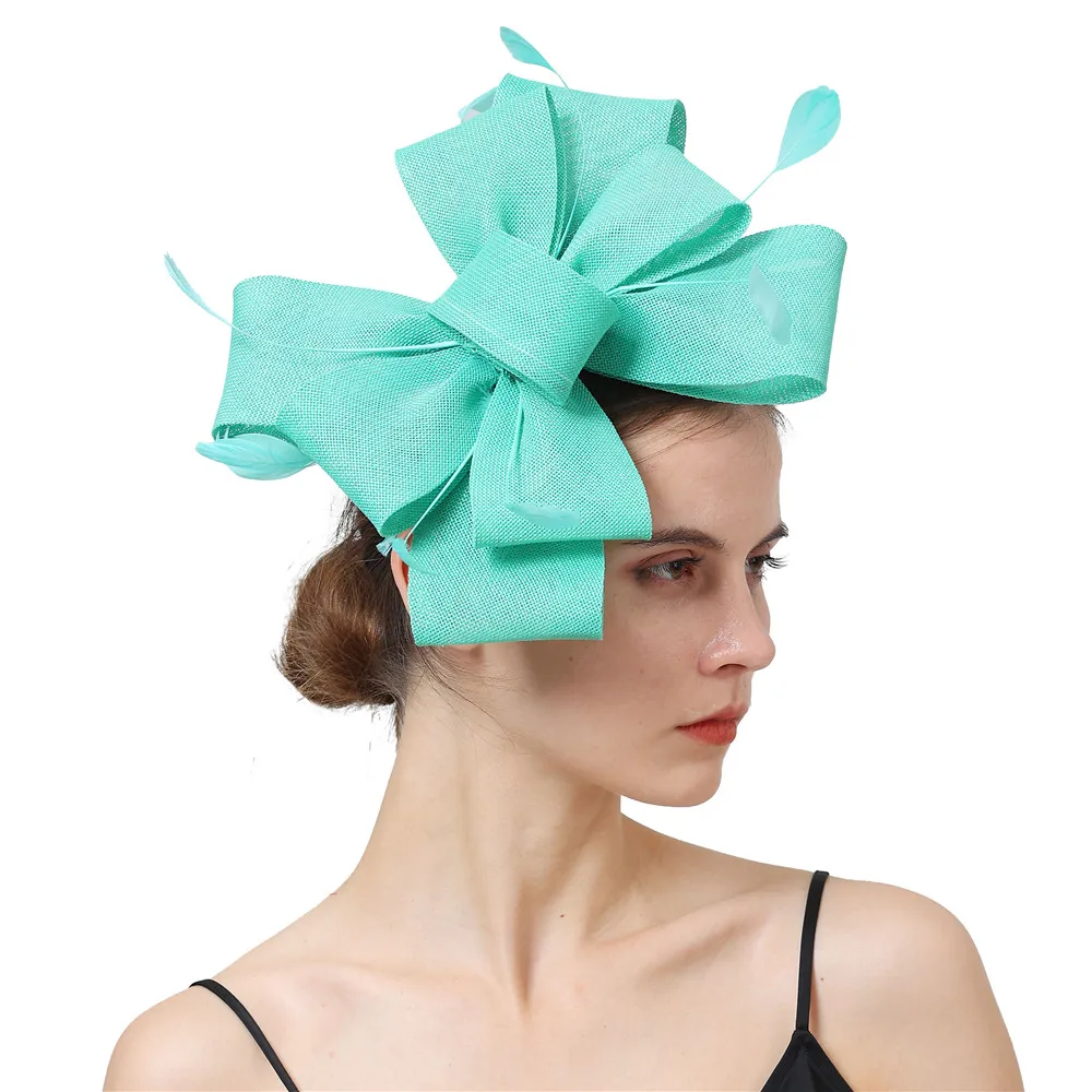 Nachahmung Sinamay Hochzeit Mesh Fascinator Für Damen Kopfbedeckung Party Frauen Braut Haar Zubehör Bogen Haar Clip Phantasie Feder – Detail 6
