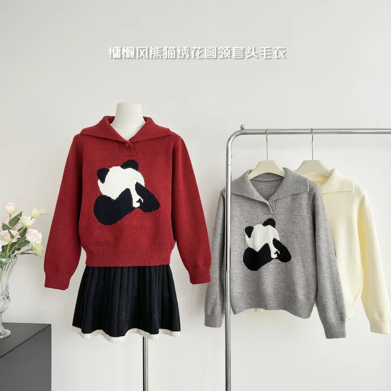 MiiiiX Preppy Style Cartoon Panda Jacquard Pullover Women Knitted Jacket 2024 New Autumn Versatile Sweater Top Female Clothes