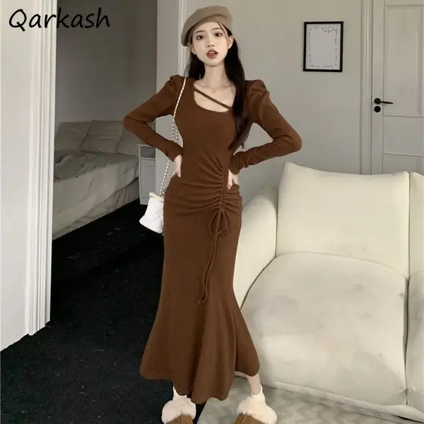 

Maxi Dress Women Slim Bodycon Shirring Irregular Vintage Designed Graceful Sexy Gentle French Style Autumn New Vestidos Harajuku