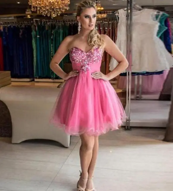 ANGELSBRIDEP Pink Short Mini Sweetheart Zipper Back Homecoming Dresses With Beaded Crystal A-Line Cocktail Party Dresse