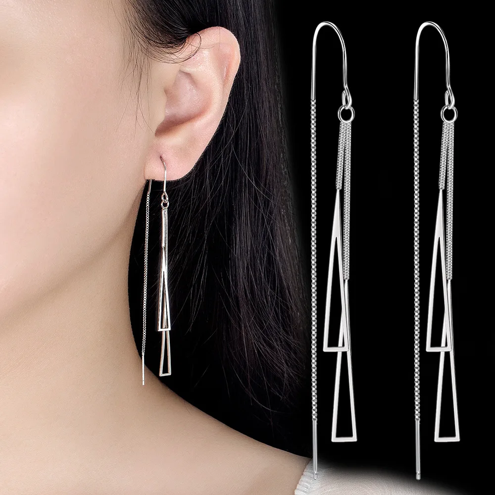 Real 925 Sterling Silver Triangle Pendant Necklace Box Chain Long Drop Earrings Jewelry Sets For Women Trendy FQL23062