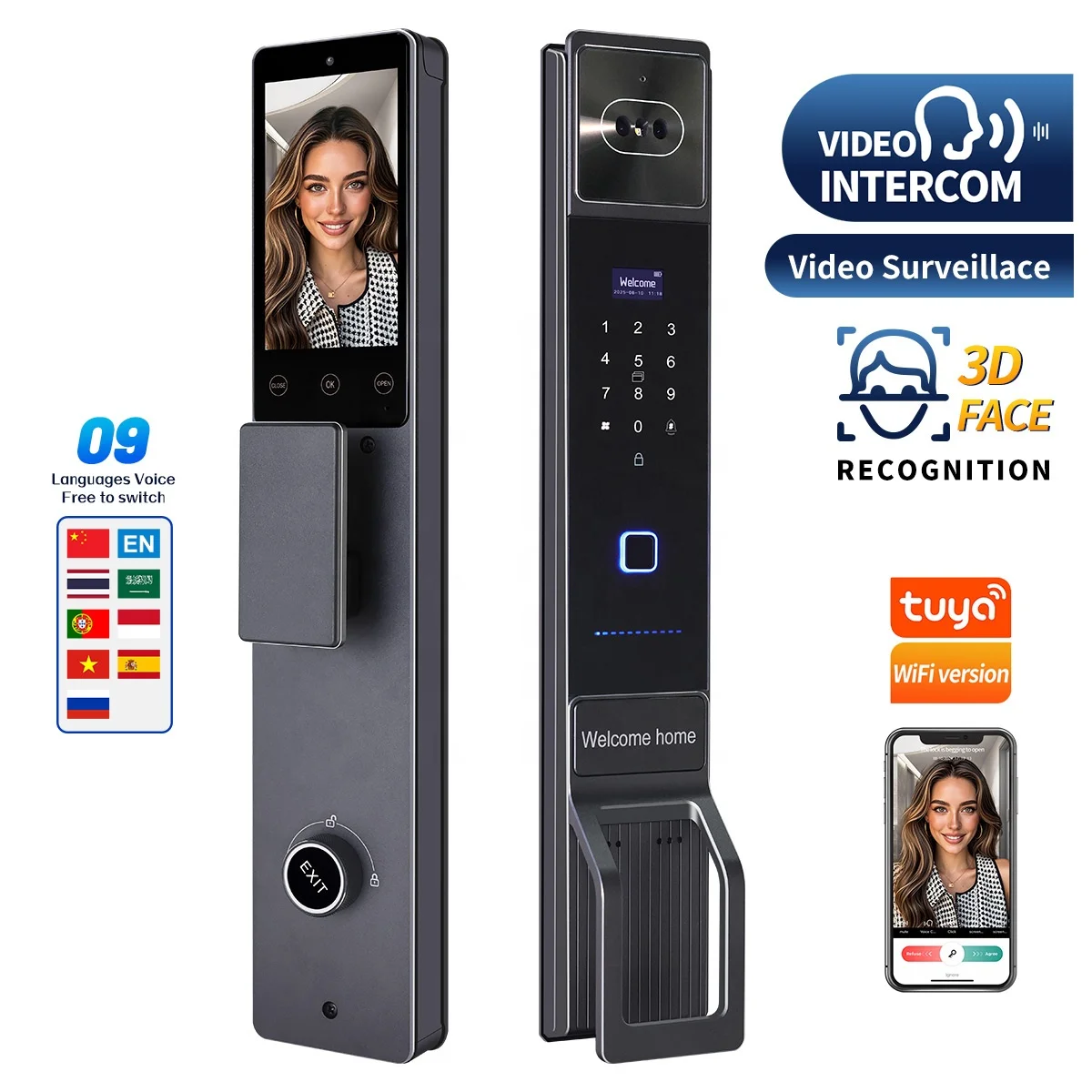 HanDaily Facial Recognition Video Intercom Door Lock 3D Liveness Detection Fingerprint Remote Unlock Tuya App for Front Door