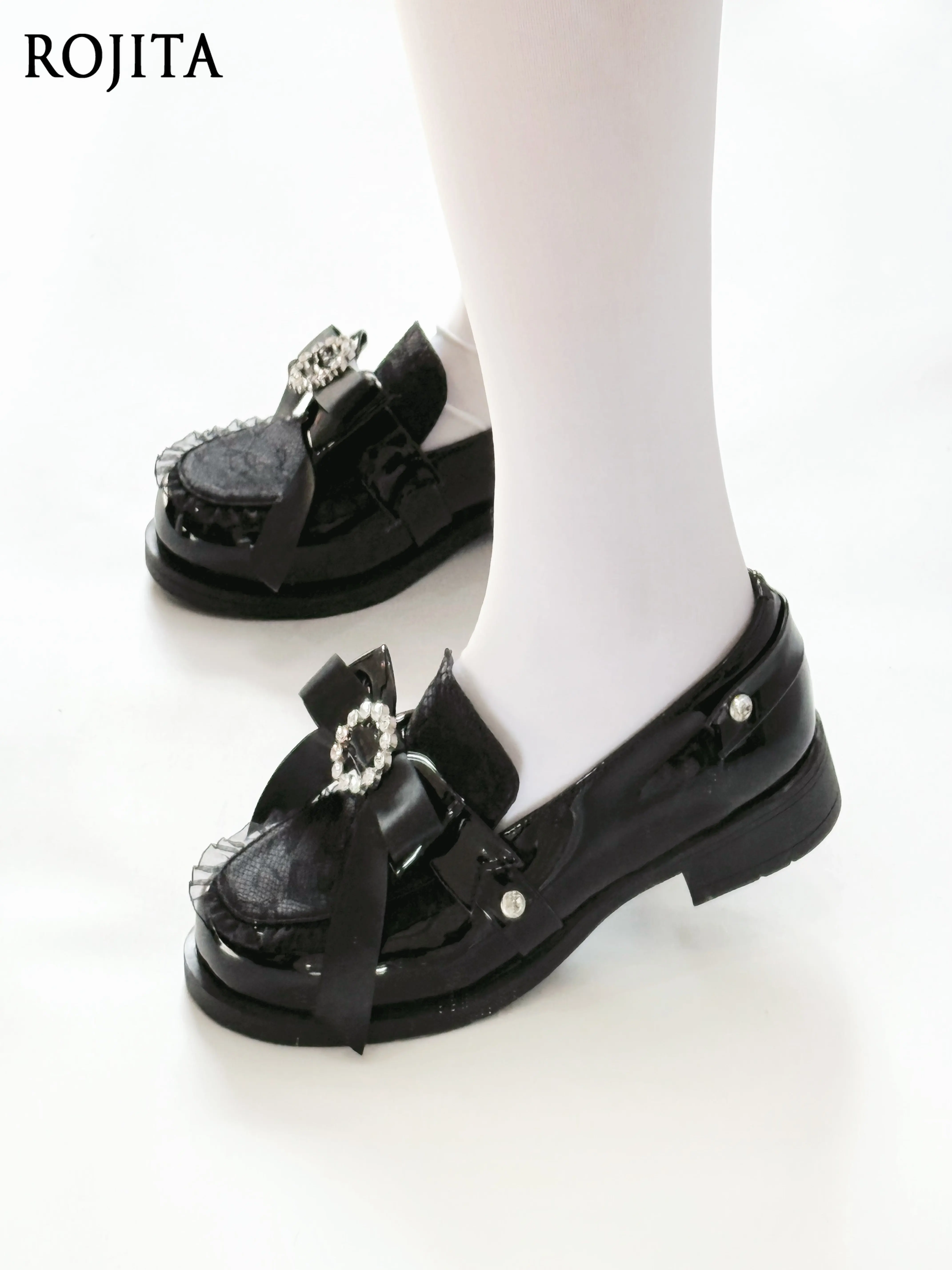 Black Patent Leather Lolita Loafer Pumps Fringe Lace and Big Satin Bow Rhinestone Detail Low Heel Preppy Daily Shoes