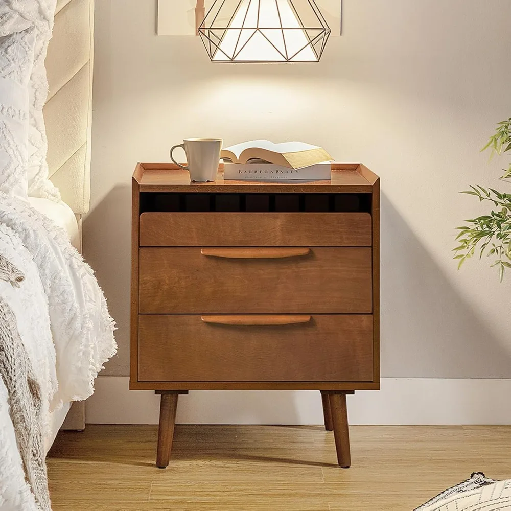 Nightstand with Charging Station, Mid-Century Modern 2 Drawer and Open Shelf Bedside Tables, USB Ports and Outlets , Nightstands