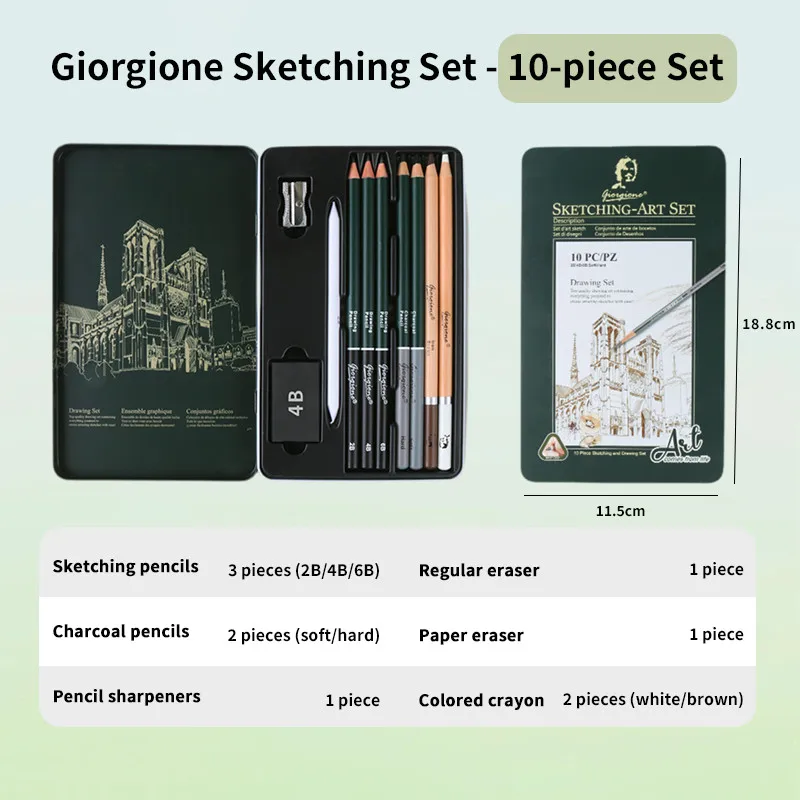 GOIRGIONE Pro Schetsset 10/12/19/27 Grafiet- en houtskoolpotloden Draagbare groene ijzeren doos Tekening Schetsen voor kunstenaars Studenten