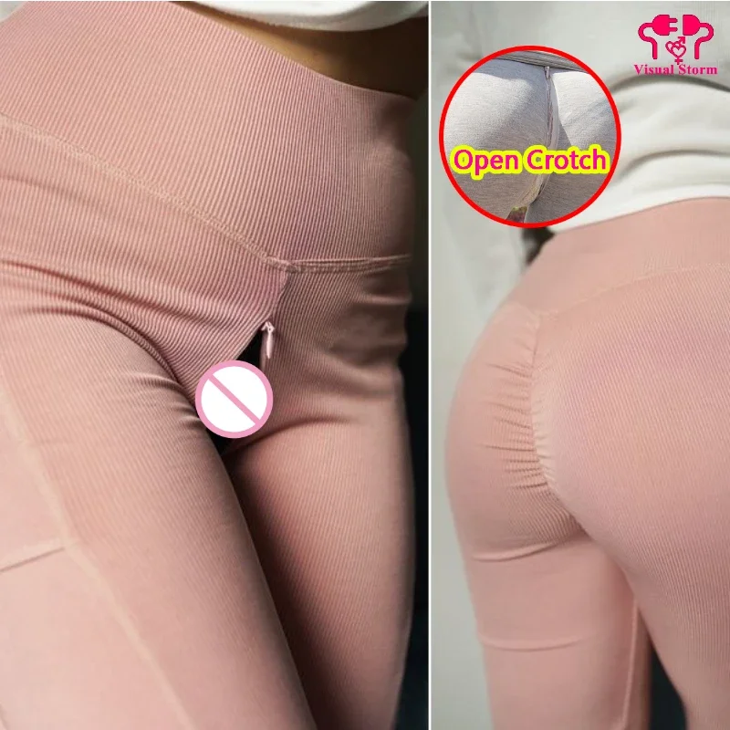 Woman Sexy High Rise Open Crotch Leggings Underwear Seamless Double Zippers Pockets Crotchless Panties Outdoor Sex Pants Briefs