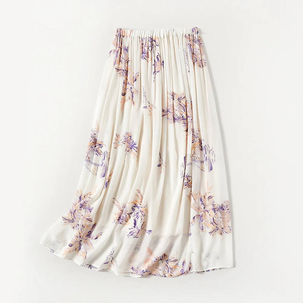 Winsleter-100%Silk Elegant Skirts, Elastic Waist Floral Printed, Women Beach Vacation Fairy A-line Skirt, 2026 Spring B61241CC