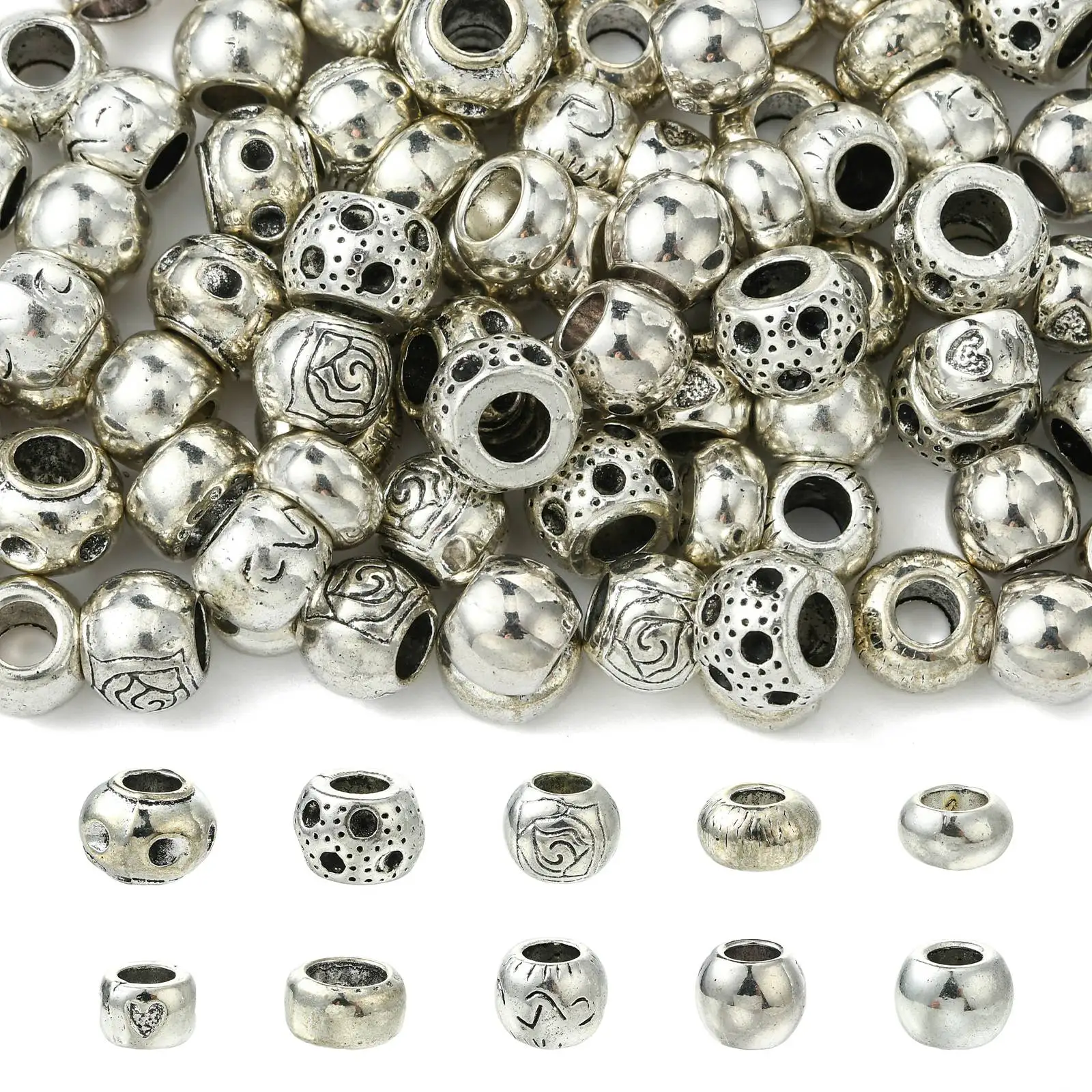 

100Pcs 10 Styles Tibetan Alloy European Beads Antique Silver Rondelle Large Hole Spacer Beads for DIY Bracelets Jewelry Making