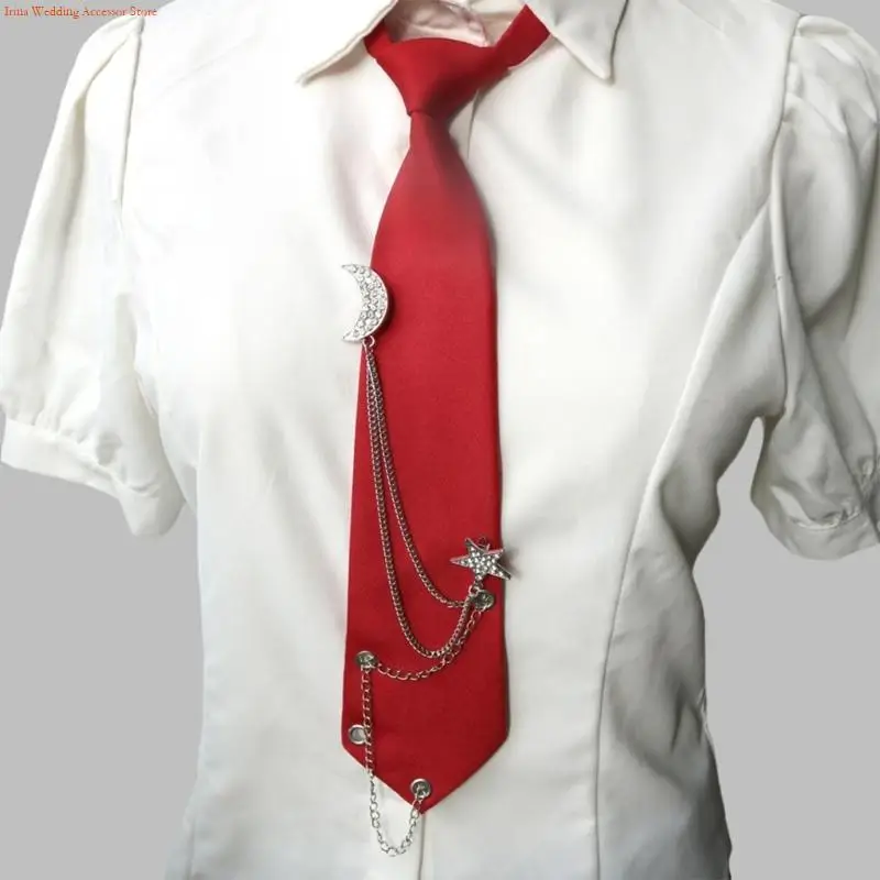 

G92D Uniform Punk Tie for Senior High School Girl Uniform Pre-tied Preepy Look Adjustable Neck Ties with Metal Chain
