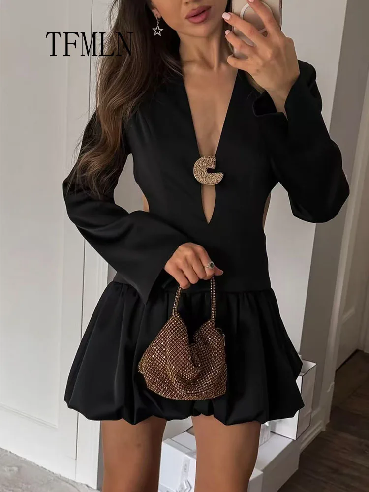 TFMLN 2026 Spring Summer Hollow Out Mini Dress For Women Sexy Backless Long Sleeve Folds Party Dress Elegant Date Night Dress