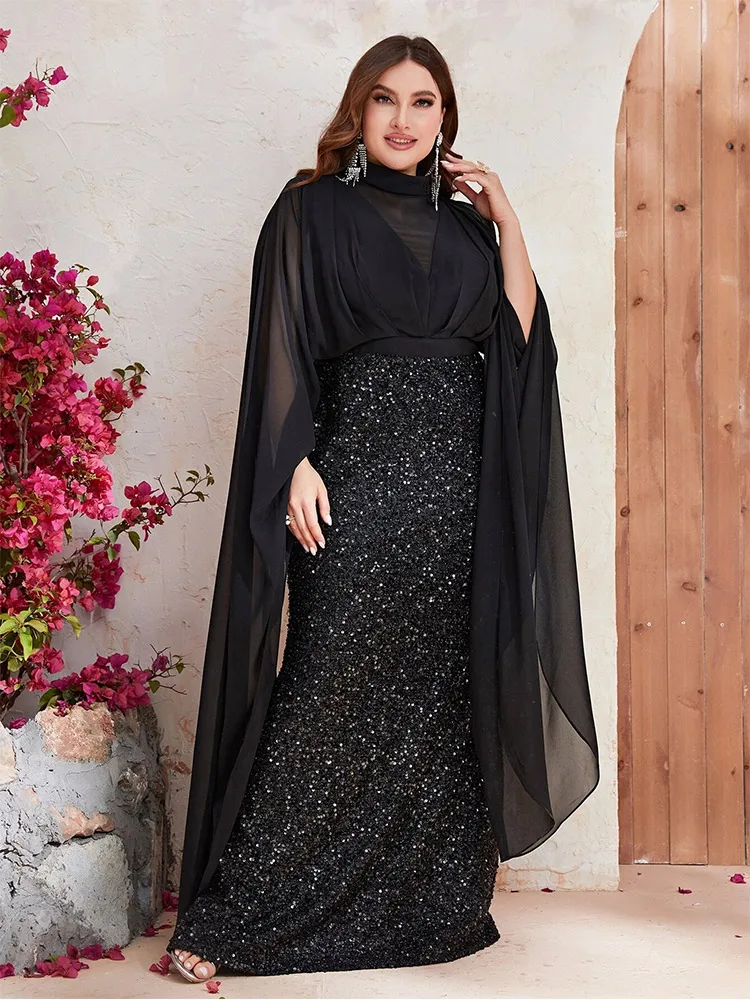 Plus Size 4xl 5xl Green Extra Long Cape Sleeves Beaded Hip Wedding Evening Dress Elegant Luxury Plus Size Prom Sparkling Dress