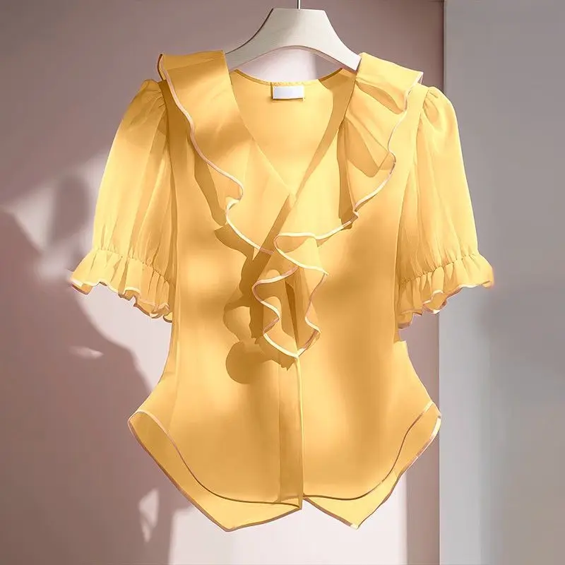 Damesmode Ruches Patchwork Chiffon Blouse Zomer 2025, Nieuw Temperament Geplooid Losse Effen Kleur V-hals Korte Mouwen