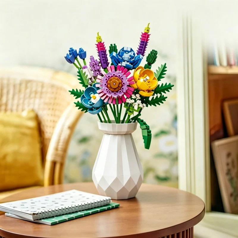 

Building Block Flower Bouquet With Vase DIY Assembly Model Home Decor Artificial Flower Bonsai Plant Living Room Ornament
