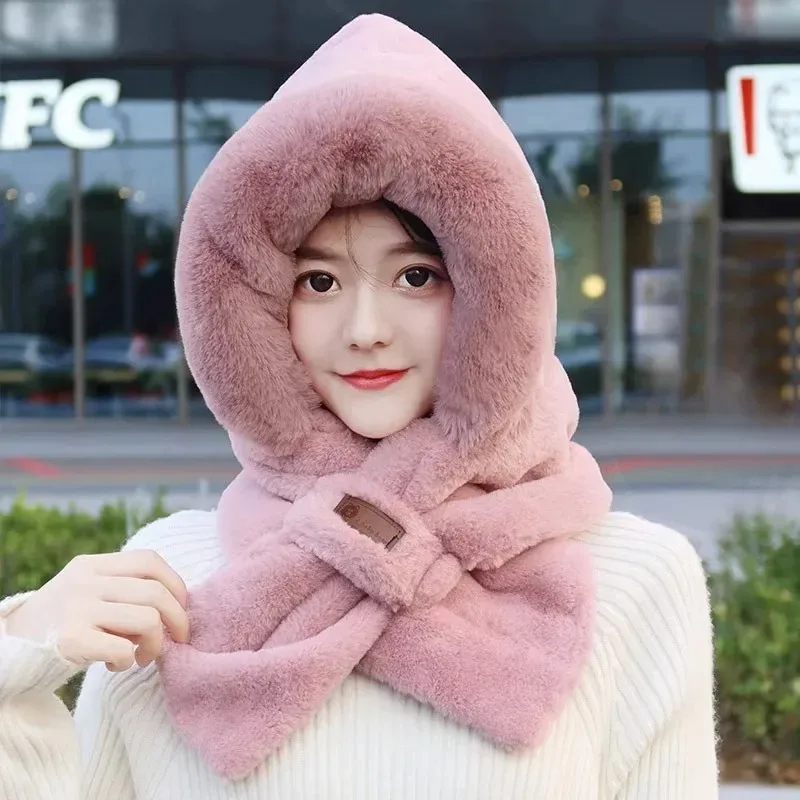 Women Autumn Winter Thickened Keep Warm Versatile Cute Scarf Hat Proventing Cold Protect Ear Cap Grey Plush Hat Scarf Integrated